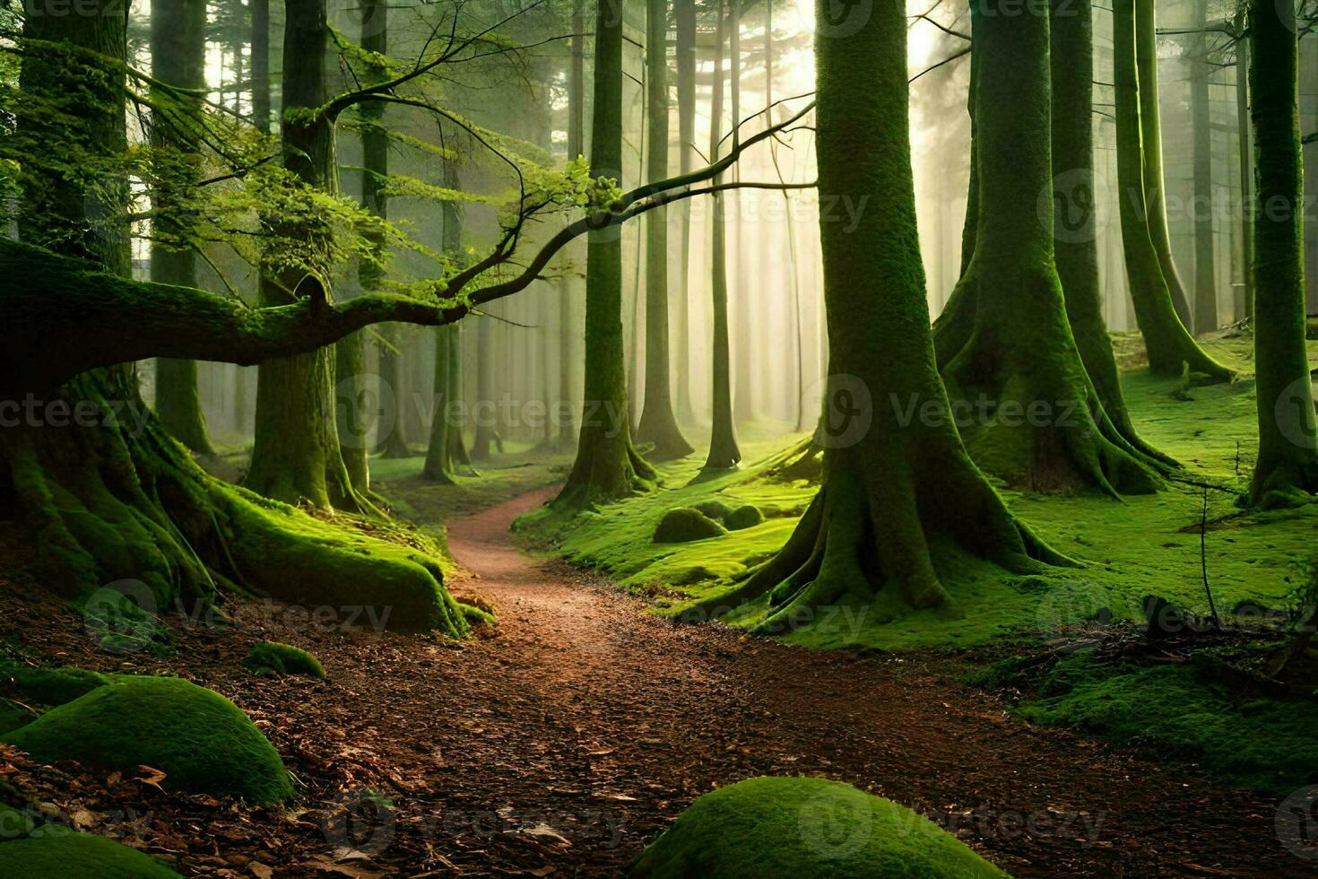 ein Pfad durch ein Grün Wald mit moosig Bäume. KI-generiert foto