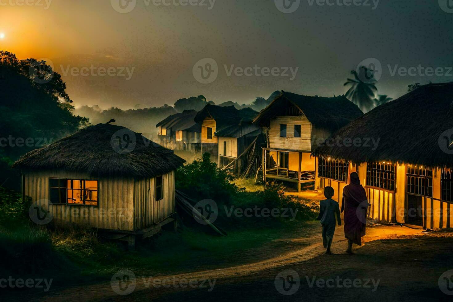 zwei Menschen gehen Nieder ein Schmutz Straße im Vorderseite von ein Dorf. KI-generiert foto