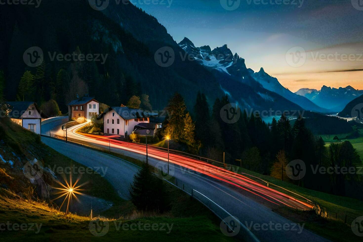 ein Straße im das Berge beim Dämmerung. KI-generiert foto