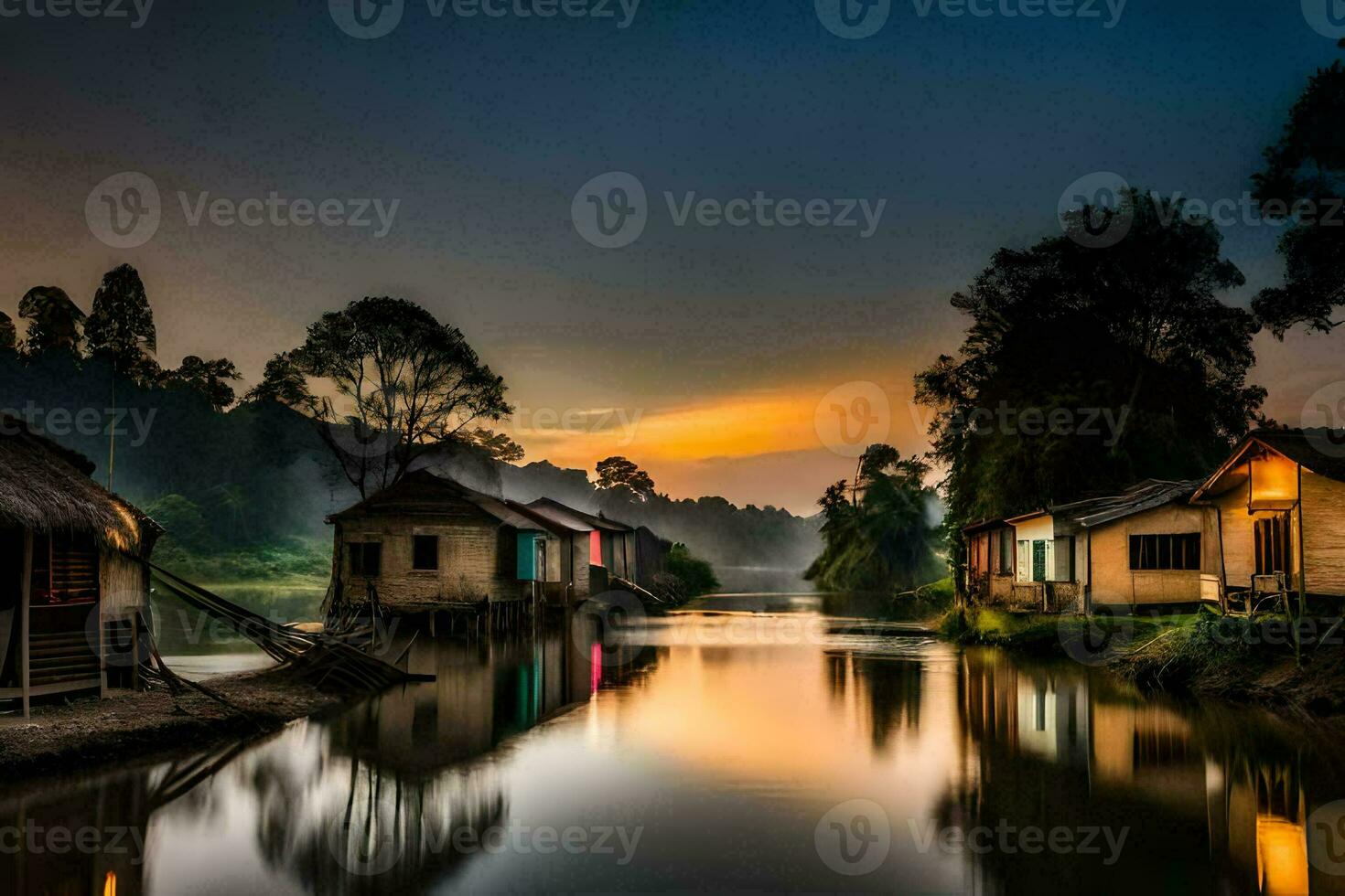 ein Fluss im das Mitte von ein Dorf beim Sonnenuntergang. KI-generiert foto