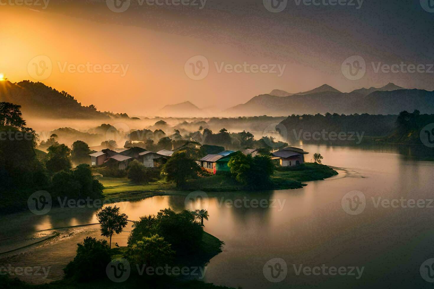 das Sonne steigt an Über ein Fluss und Dorf im das Berge. KI-generiert foto