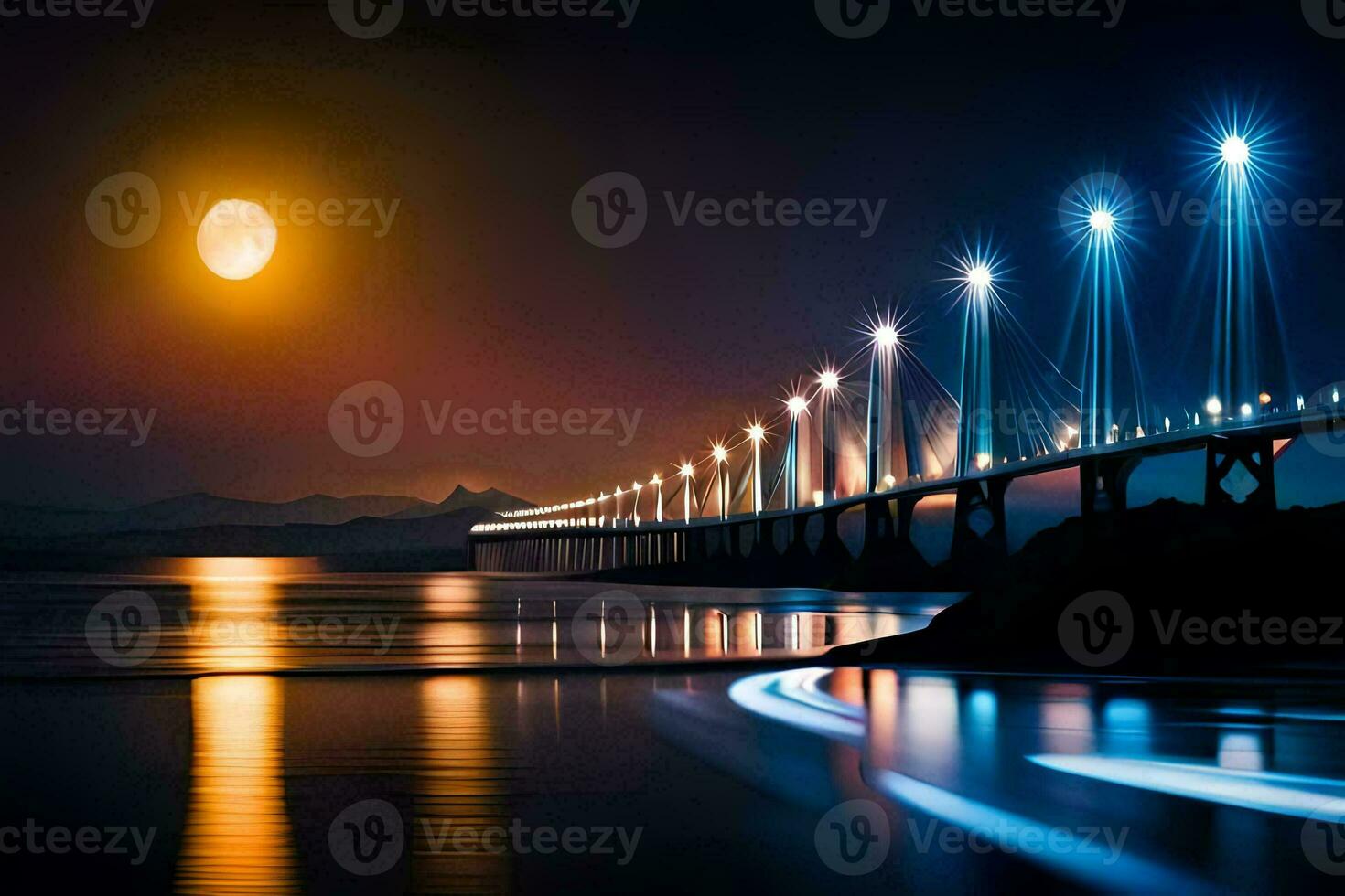 ein Brücke Über Wasser beim Nacht mit ein voll Mond. KI-generiert foto