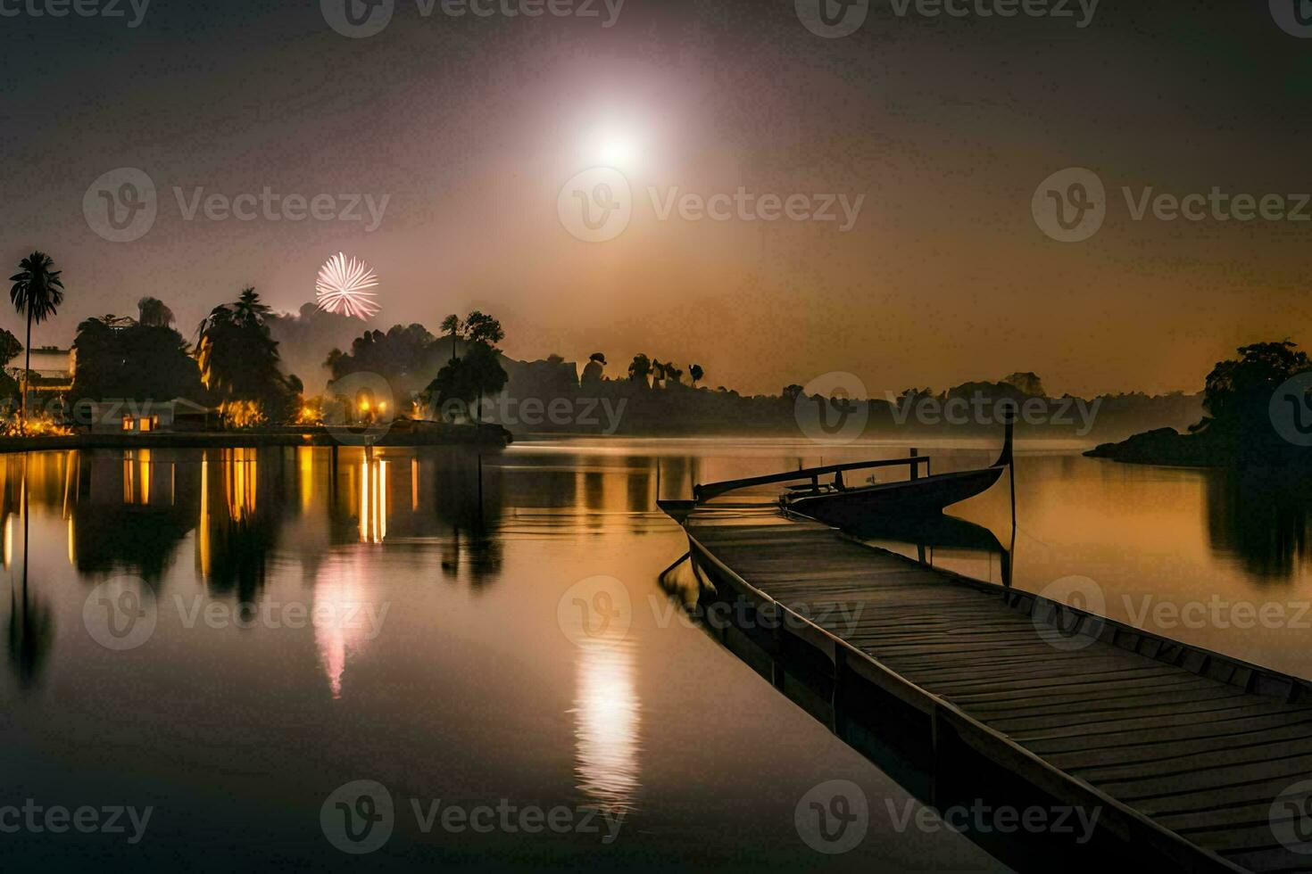 ein Seebrücke mit ein Boot und ein Mondlicht Himmel. KI-generiert foto