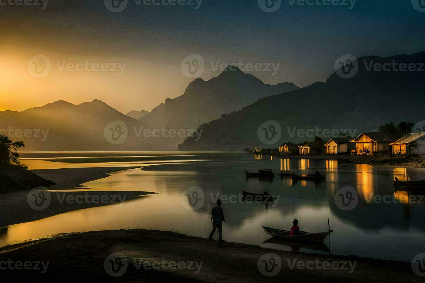 Sonnenuntergang Über das Berge und Boote im das Wasser. KI-generiert foto