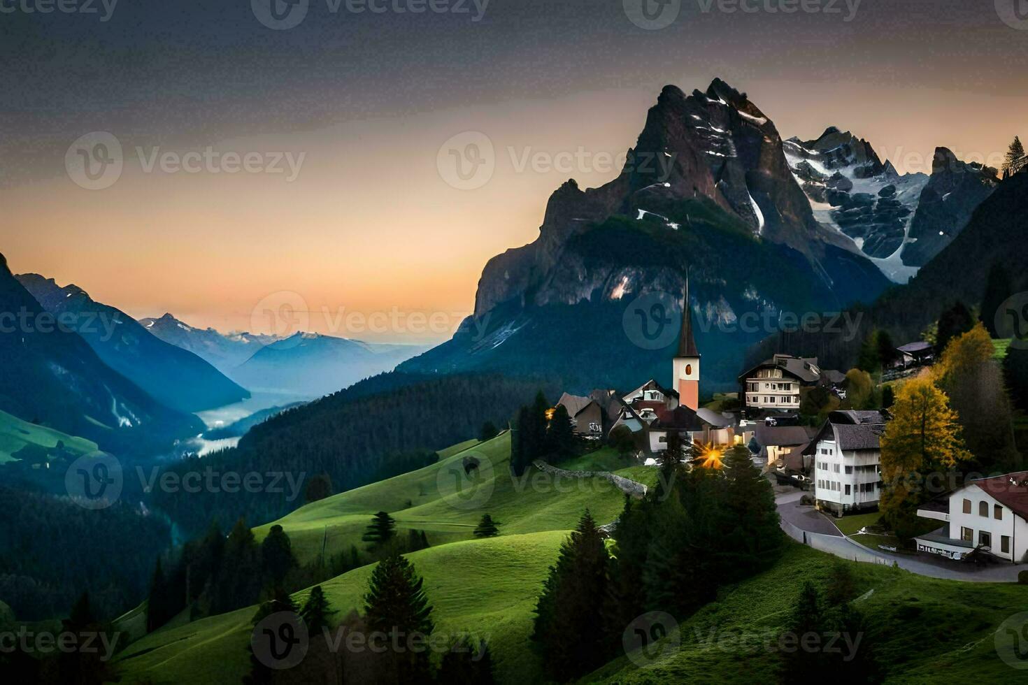 das Dorf von alpin Dorf im das Berge. KI-generiert foto