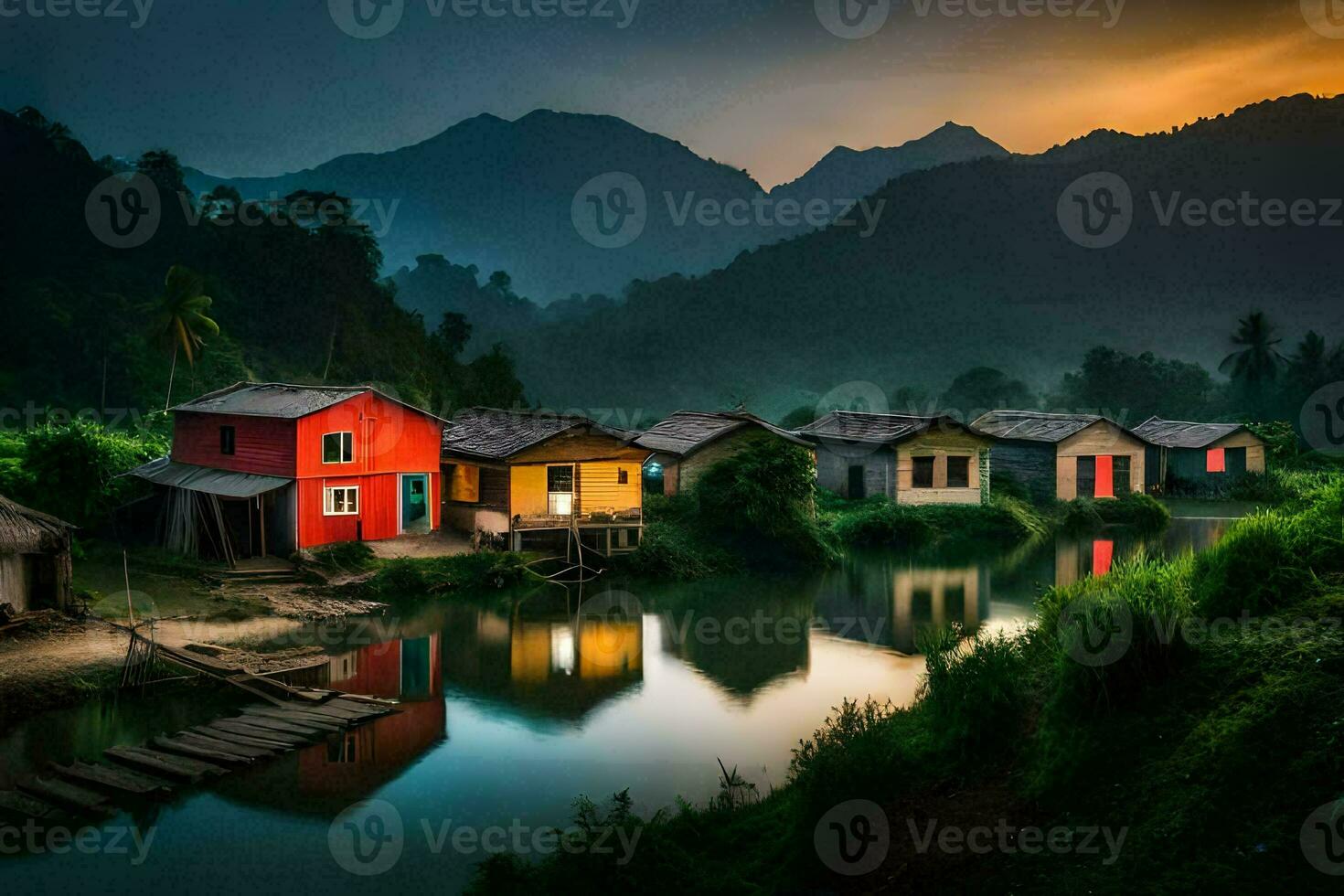 Foto Hintergrund das Himmel, Berge, Wasser, Häuser, das Dorf, das Fluss, das Dorf. KI-generiert