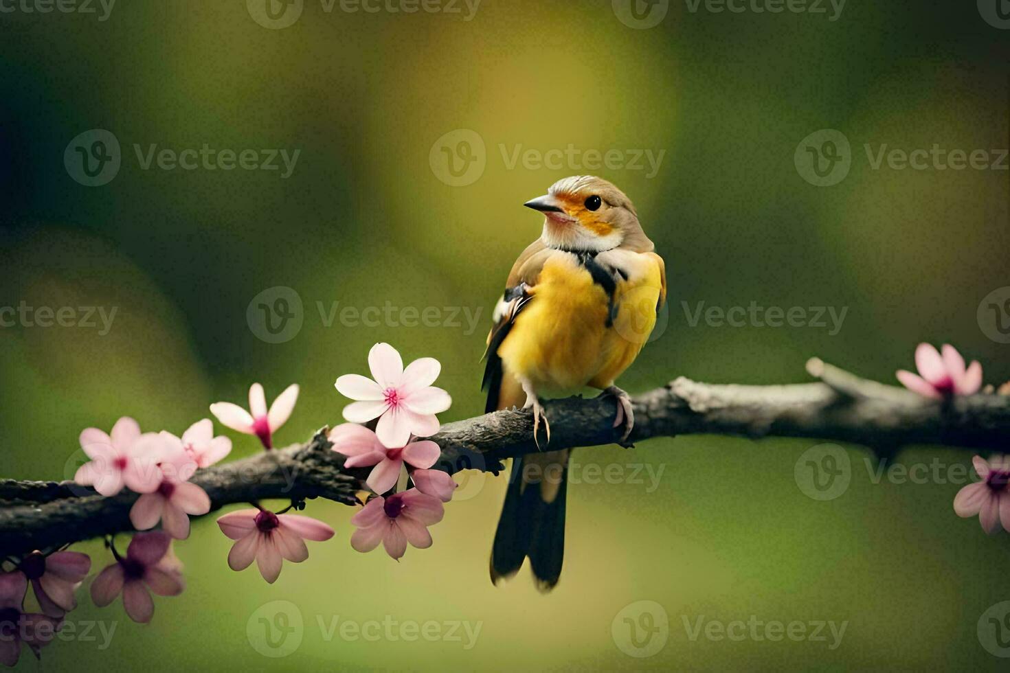 ein Vogel sitzt auf ein Ast mit Rosa Blumen. KI-generiert foto