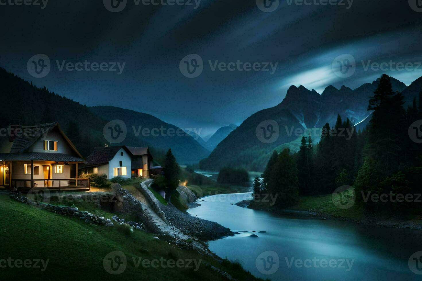 Foto Hintergrund das Himmel, Berge, Fluss, Haus, Nacht, Fluss, Berg, Haus,. KI-generiert