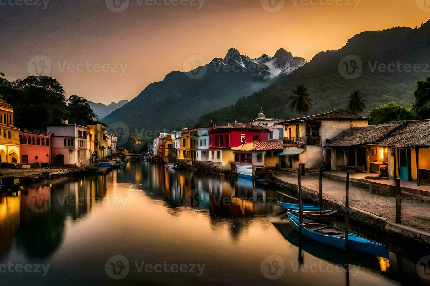 ein Kanal im das Berge mit bunt Häuser. KI-generiert foto