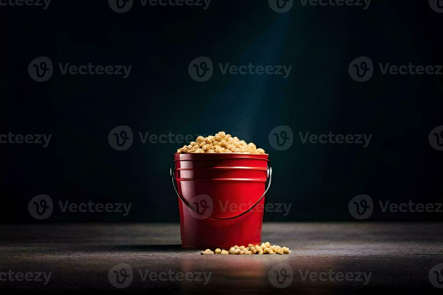 ein rot Eimer gefüllt mit Popcorn auf ein dunkel Hintergrund. KI-generiert foto