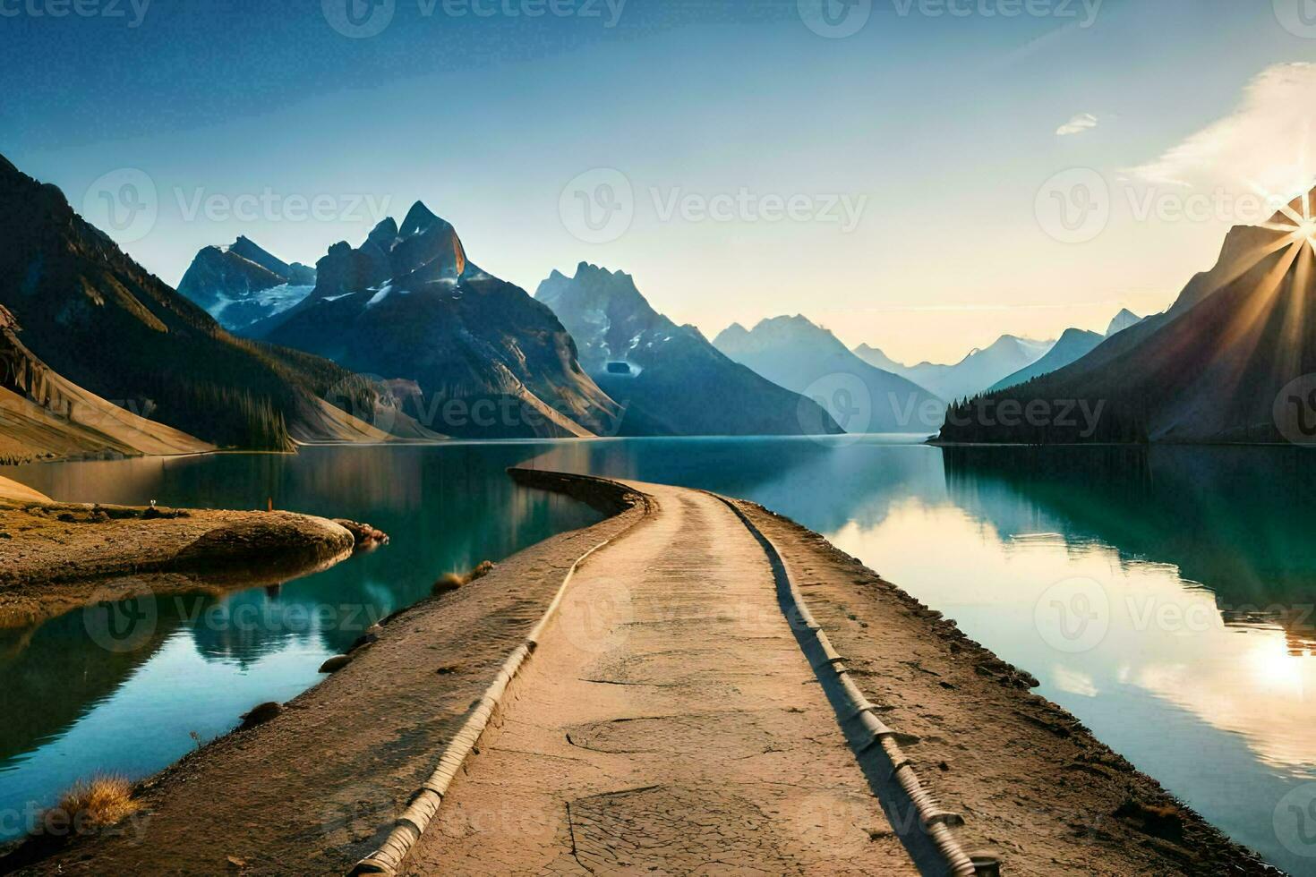 ein lange Straße führen zu ein See und Berge. KI-generiert foto