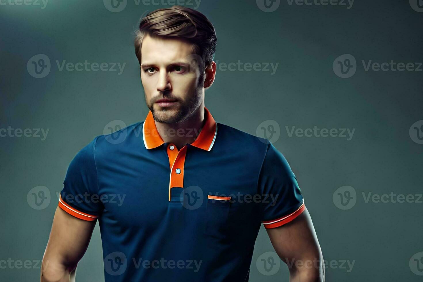 ein Mann im ein Blau Polo Hemd mit Orange trimmen. KI-generiert foto