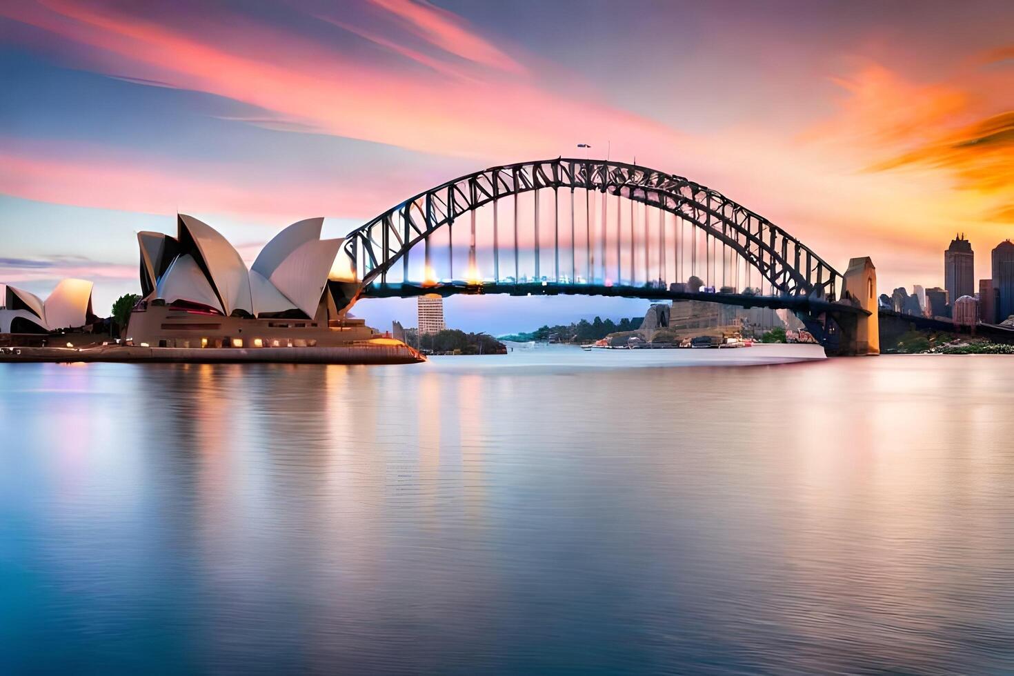 das Sydney Oper Haus und Brücke beim Sonnenuntergang. KI-generiert foto