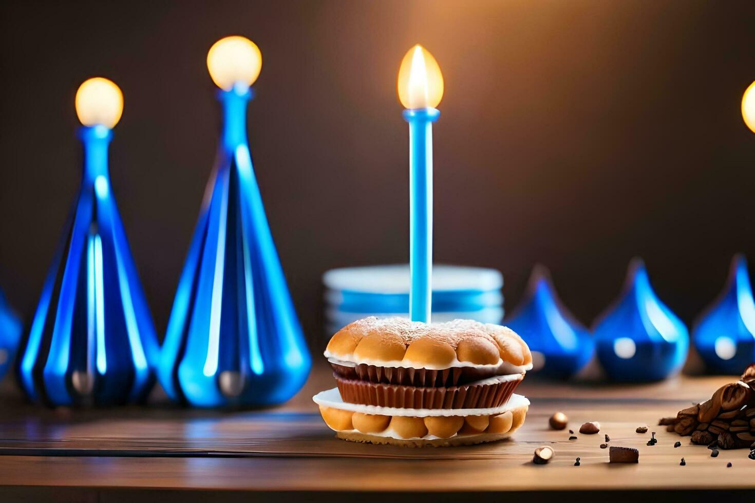 Kerzen und ein Schokolade Kuchen mit Kerzen auf ein Tisch. KI-generiert foto