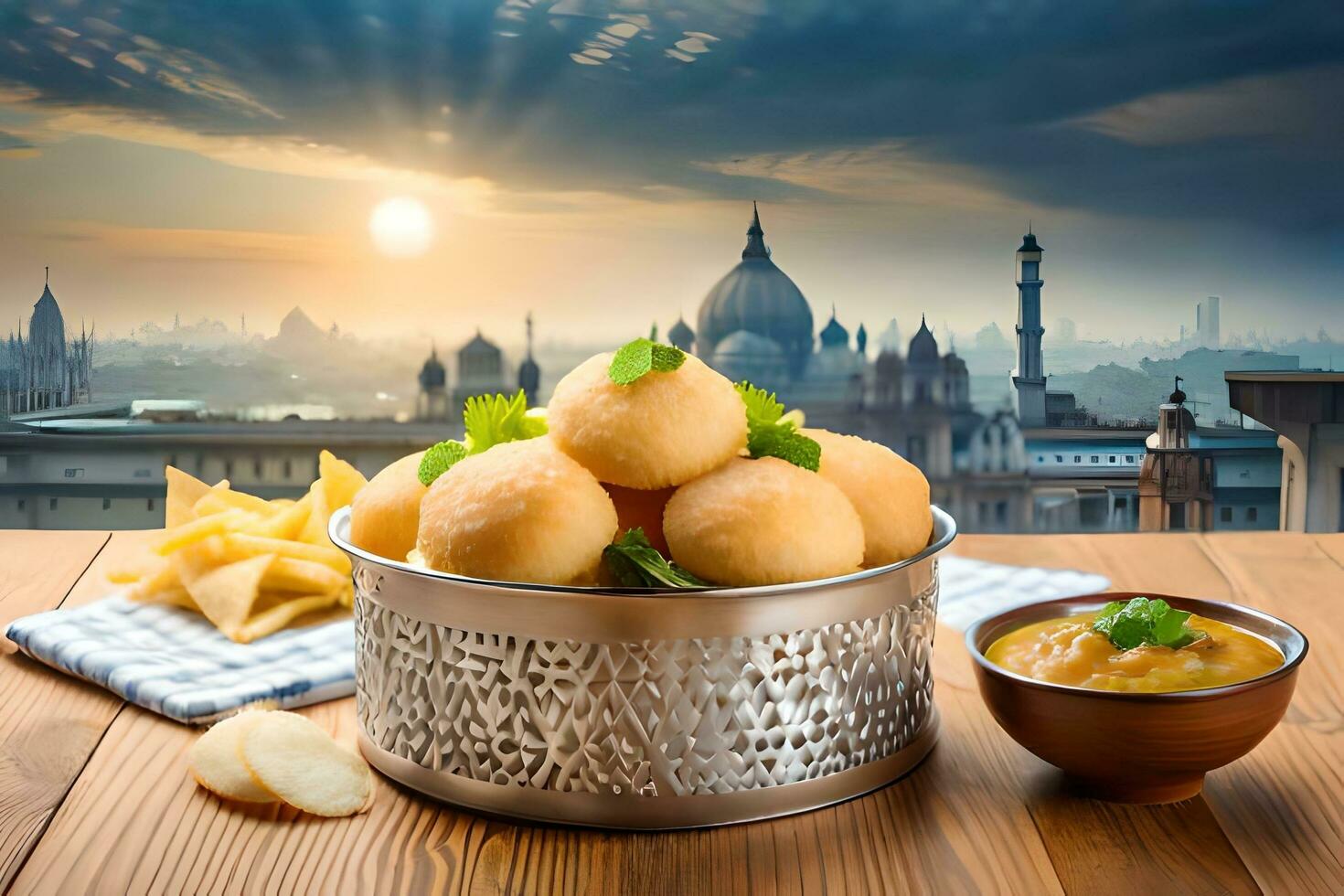 indisch Essen im ein Metall Schüssel mit ein Aussicht von das Stadt Horizont. KI-generiert foto