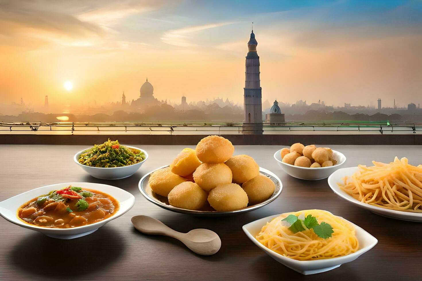indisch Essen auf ein Tabelle mit Schalen und Schalen von Lebensmittel. KI-generiert foto