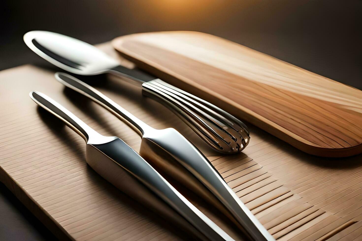ein Messer, Gabel und Löffel auf ein Schneiden Tafel. KI-generiert foto