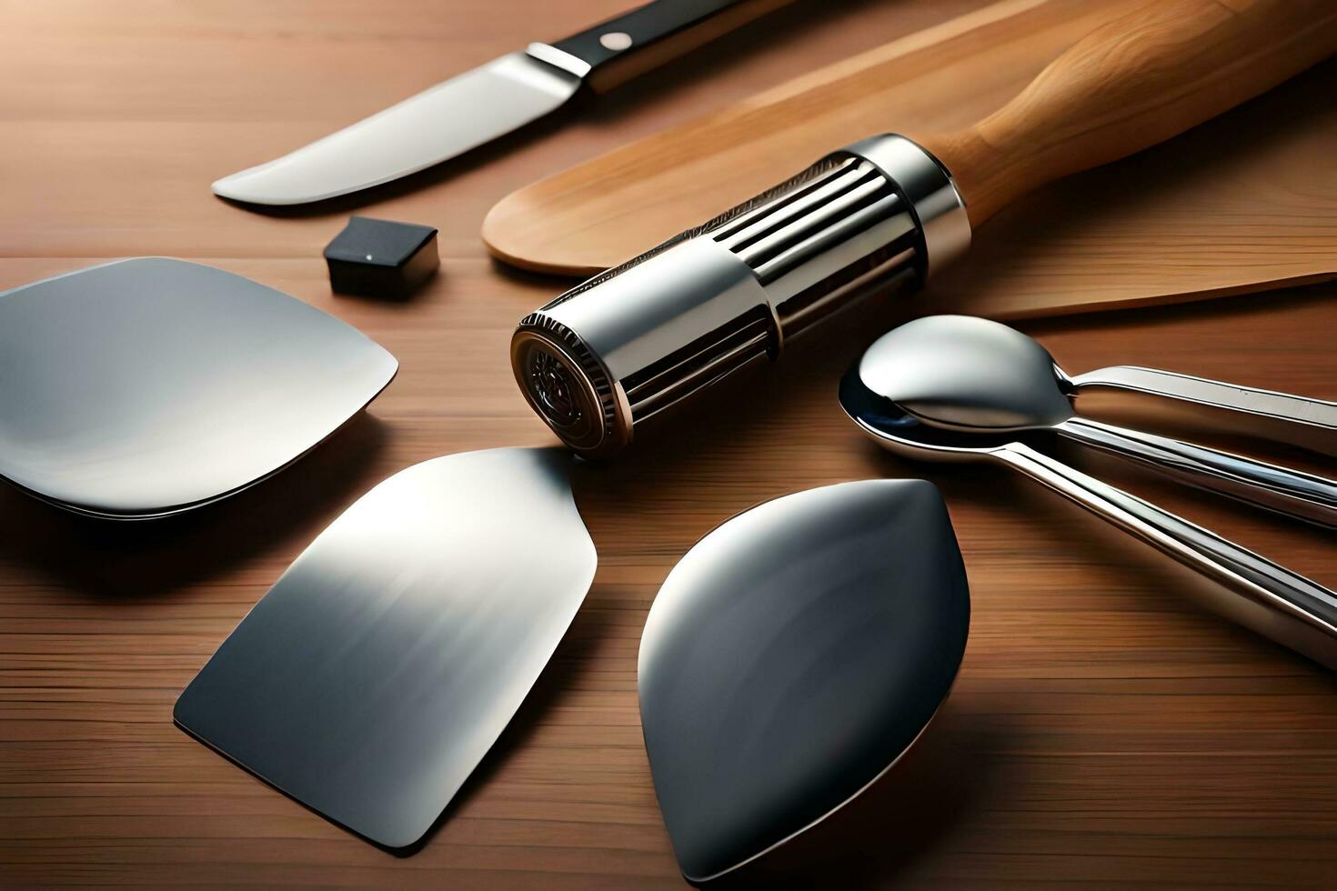 ein Vielfalt von Küche Utensilien einschließlich Messer, Löffel und Gabeln. KI-generiert foto