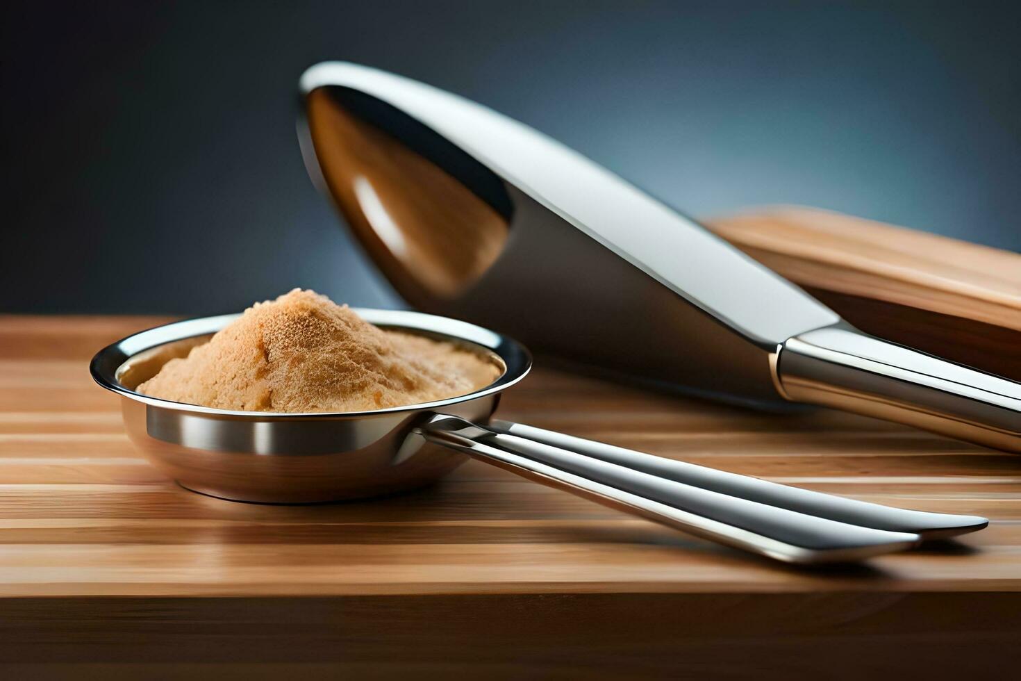 ein Messung Löffel und ein Scoop von Zucker auf ein Schneiden Tafel. KI-generiert foto