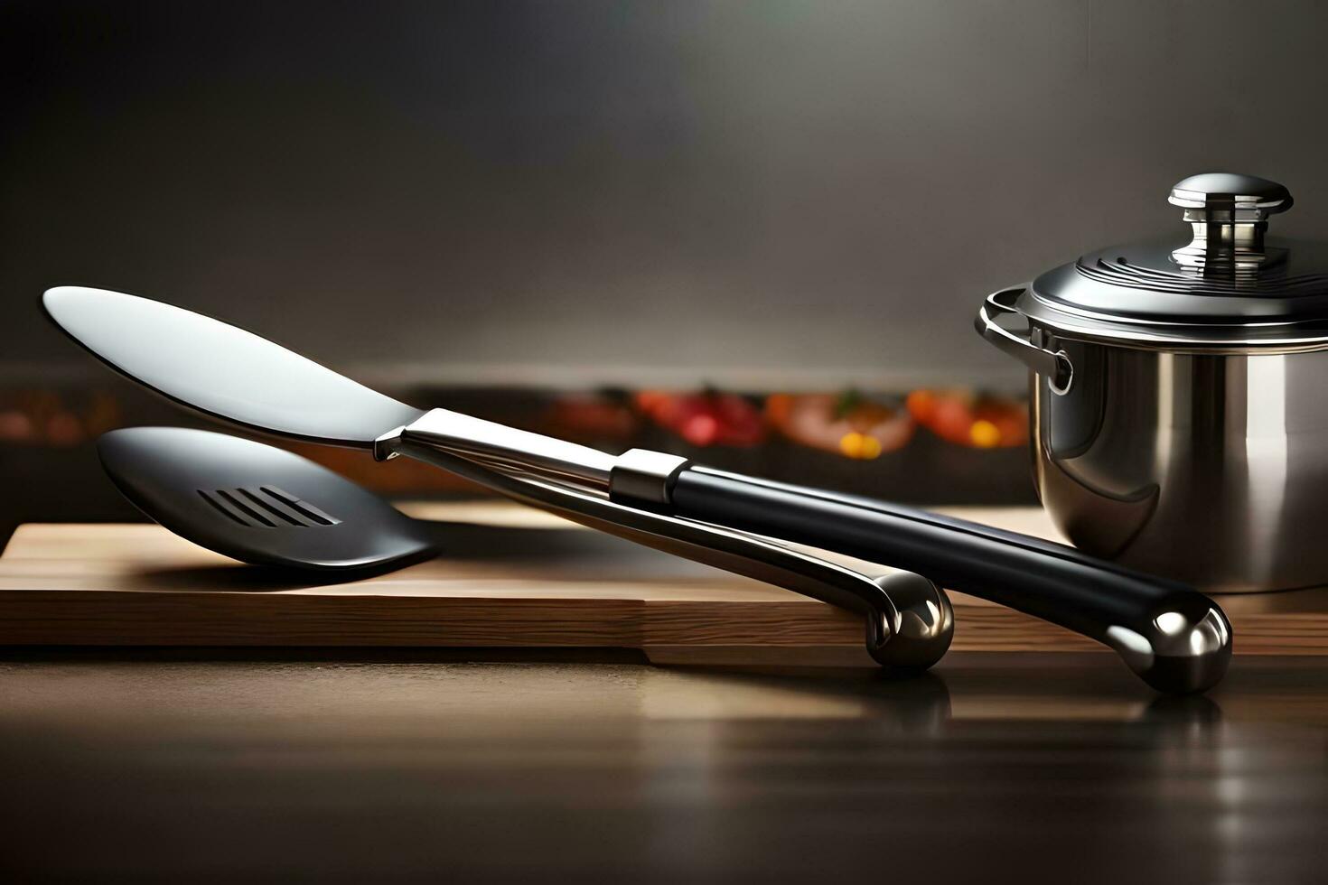 ein Messer und Löffel sitzen auf ein Schneiden Tafel. KI-generiert foto