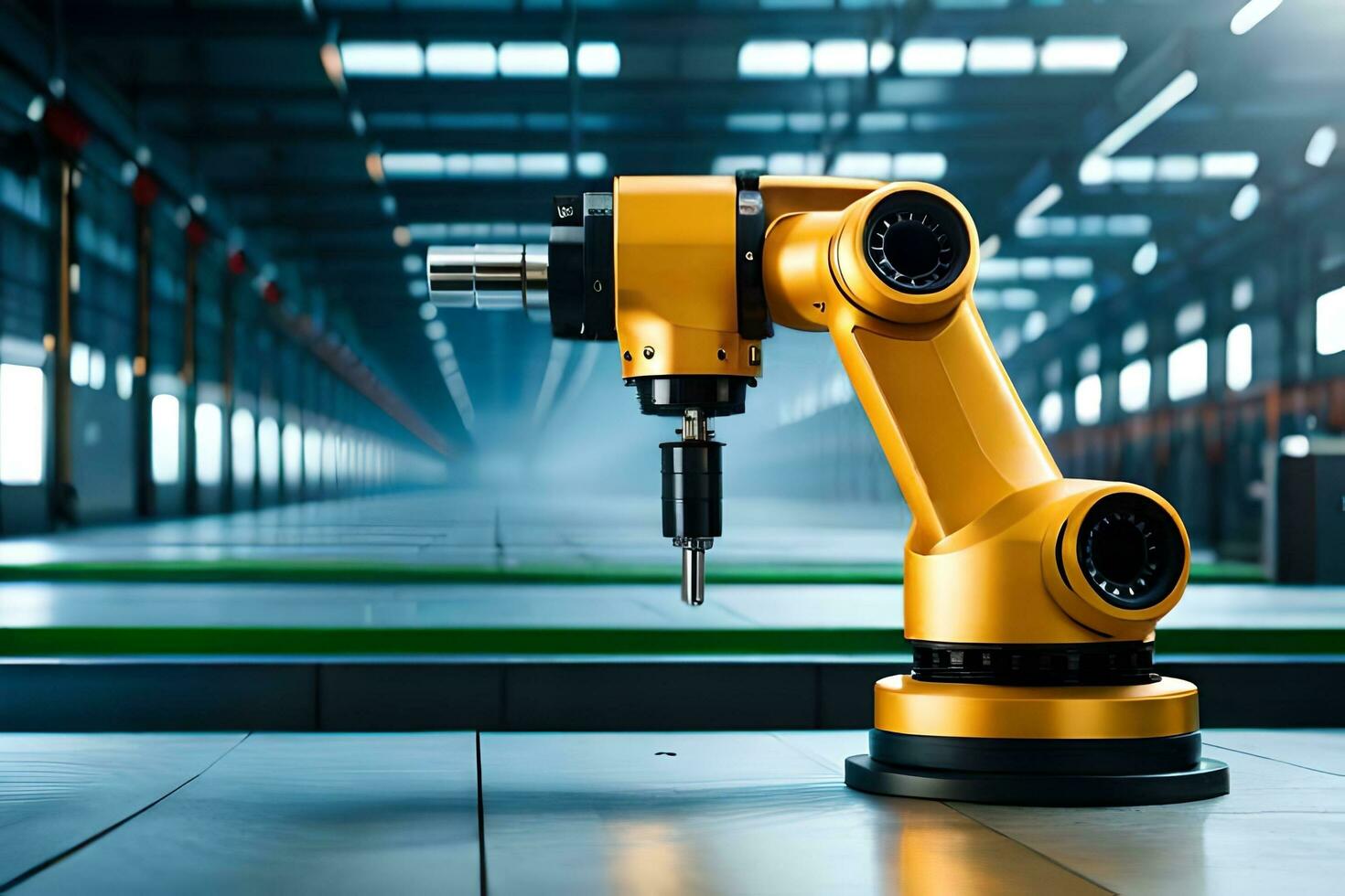 ein Roboter Arm ist Sitzung auf ein Tabelle im ein Fabrik. KI-generiert foto