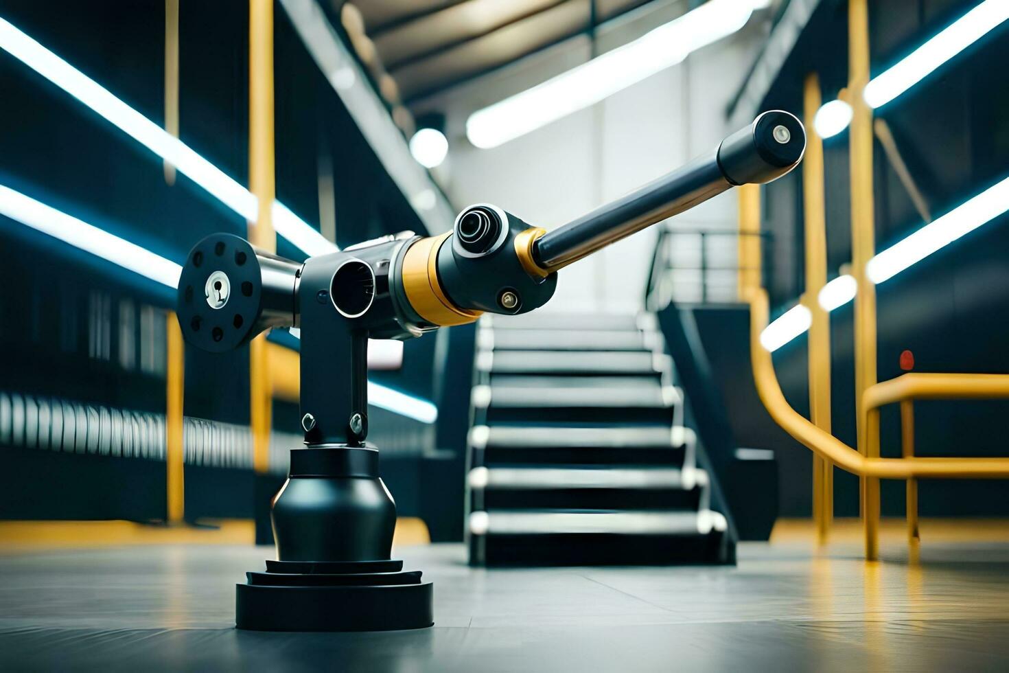 ein Roboter Arm ist Sitzung auf ein Metall Stand. KI-generiert foto