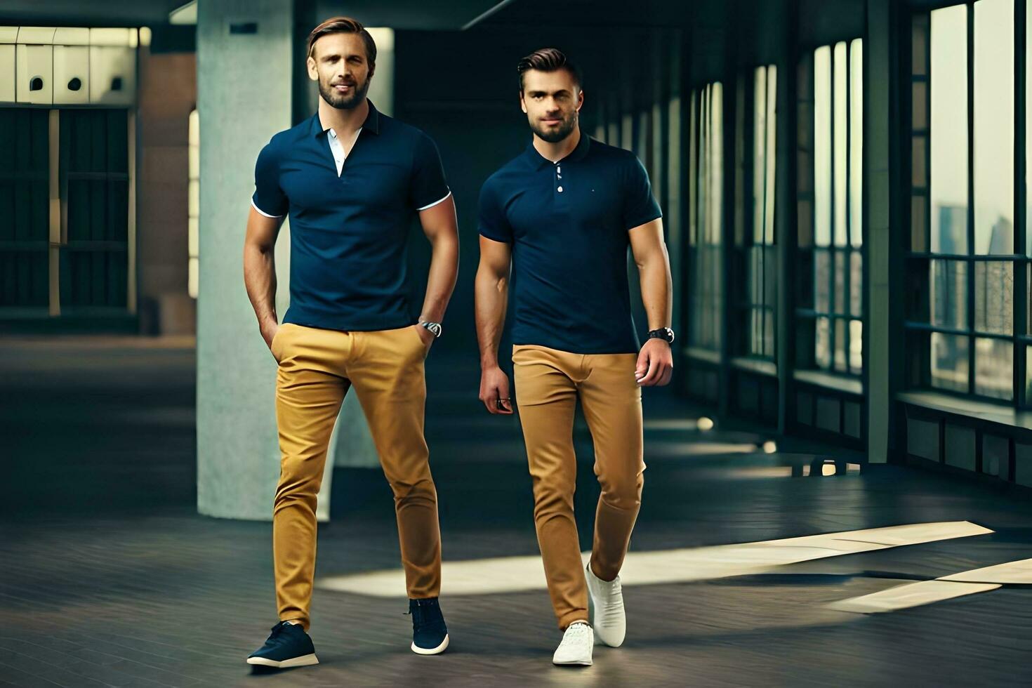 zwei Männer im Blau Hemden und khaki Hose Gehen Nieder ein leeren Flur. KI-generiert foto