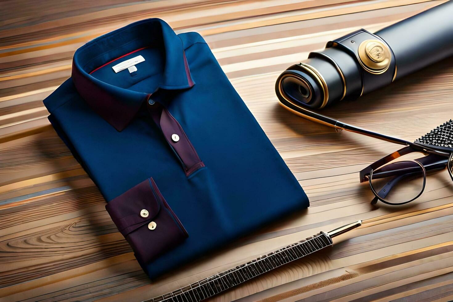 ein Blau Shirt, Brille und ein Stift auf ein Tisch. KI-generiert foto