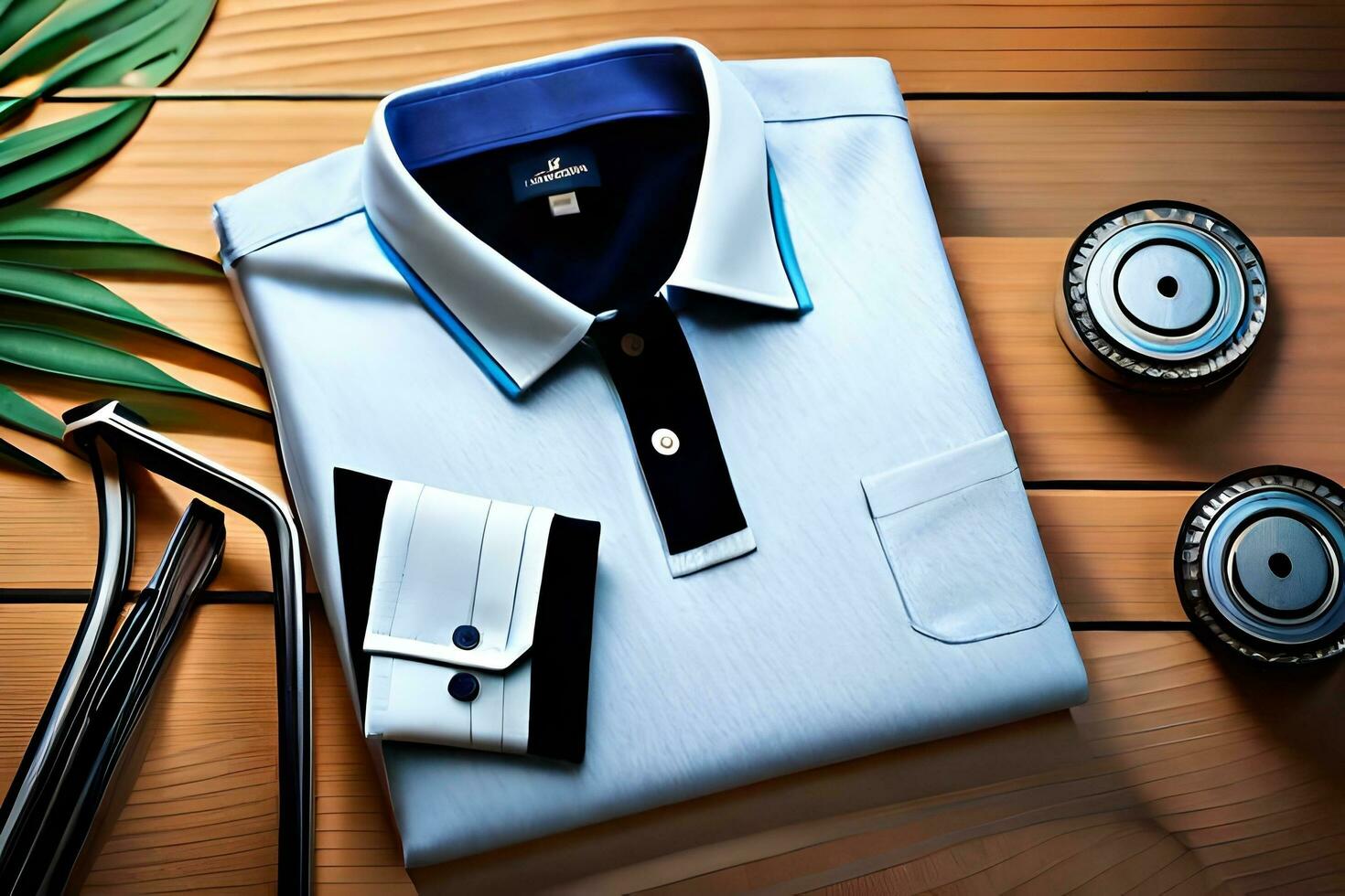 ein Weiß Hemd und schwarz und Blau gestreift Hemd auf ein hölzern Tisch. KI-generiert foto