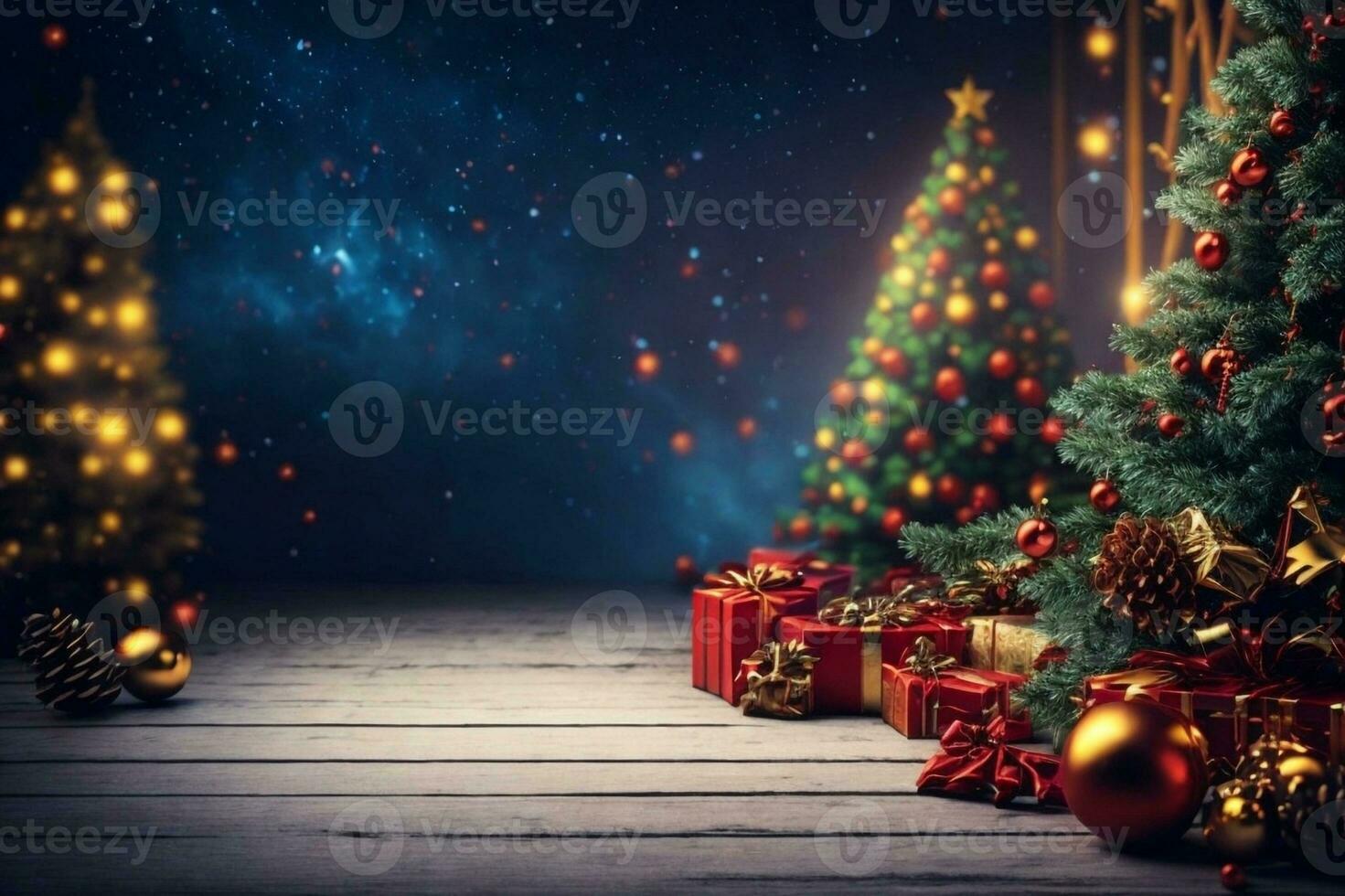 Weihnachten Baum und Geschenke auf ein hölzern Hintergrund. Neu Jahr und Weihnachten. foto