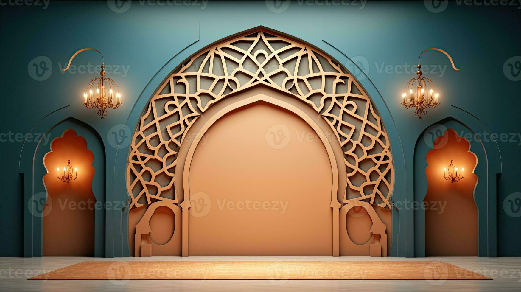 Grün Podium mit Beige Elemente im Arabisch minimalistisch Stil. Podium im das Stil von Ramadan, eid mubarak.ai generiert foto