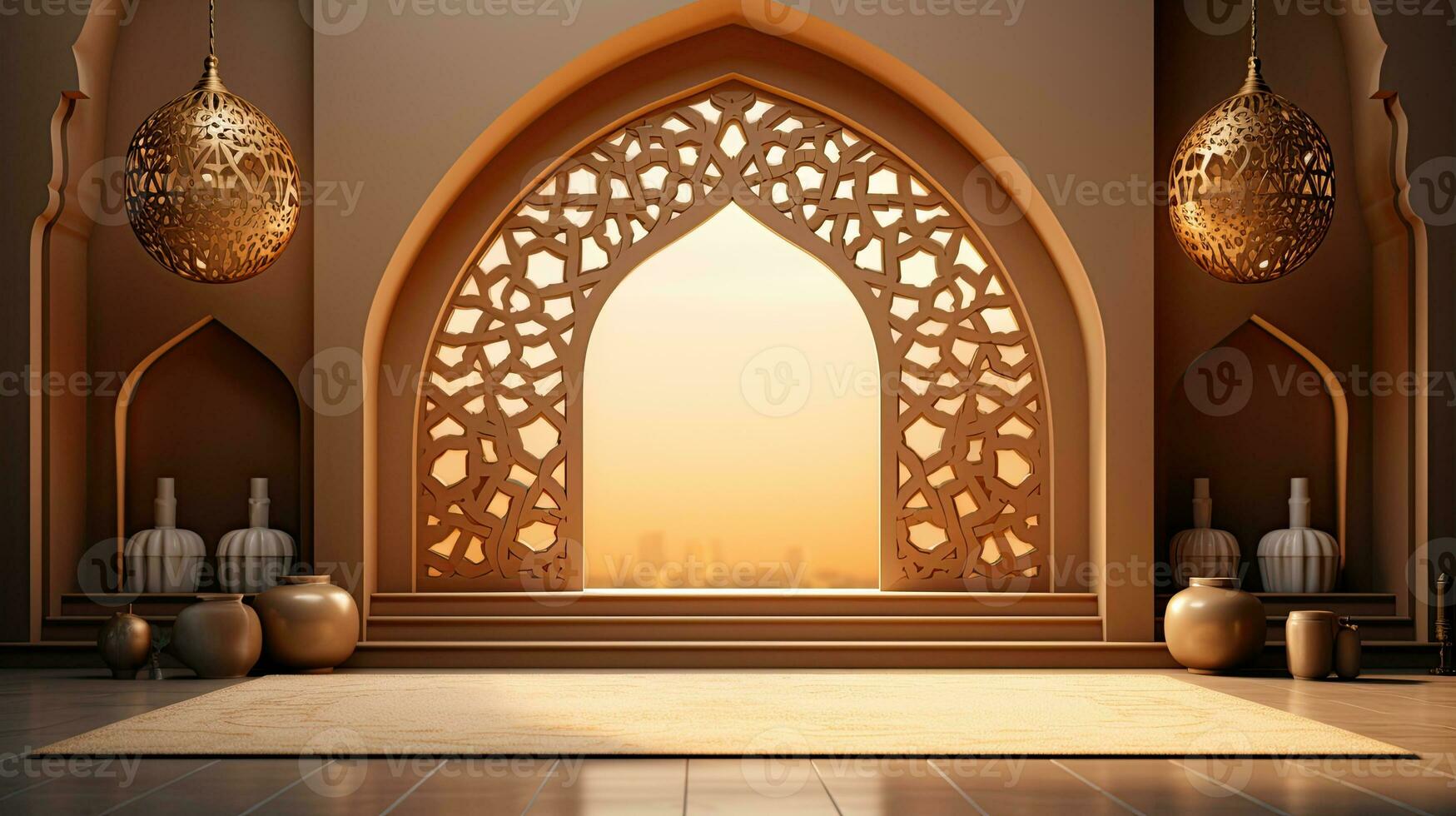 Podium Hintergrund im Ramadan Urlaub Minimalismus Stil . orientalisch Arabisch Design . ai generiert foto