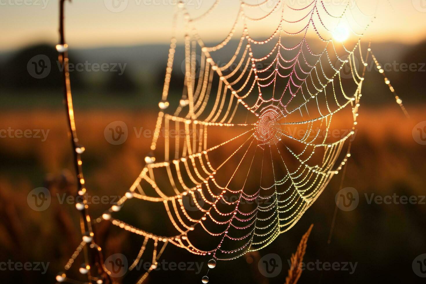 schließen oben Sonnenaufgang von hinten beleuchtet Tau Tropfen klammern zu ein zart Spinne Netz. generativ ai foto