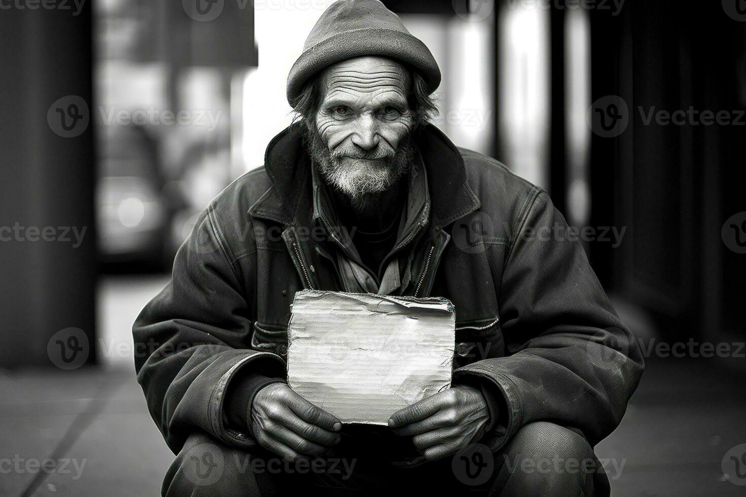 obdachlos zeigen suchen Mensch Freundlichkeit Zeichen auf Karton. generativ ai foto