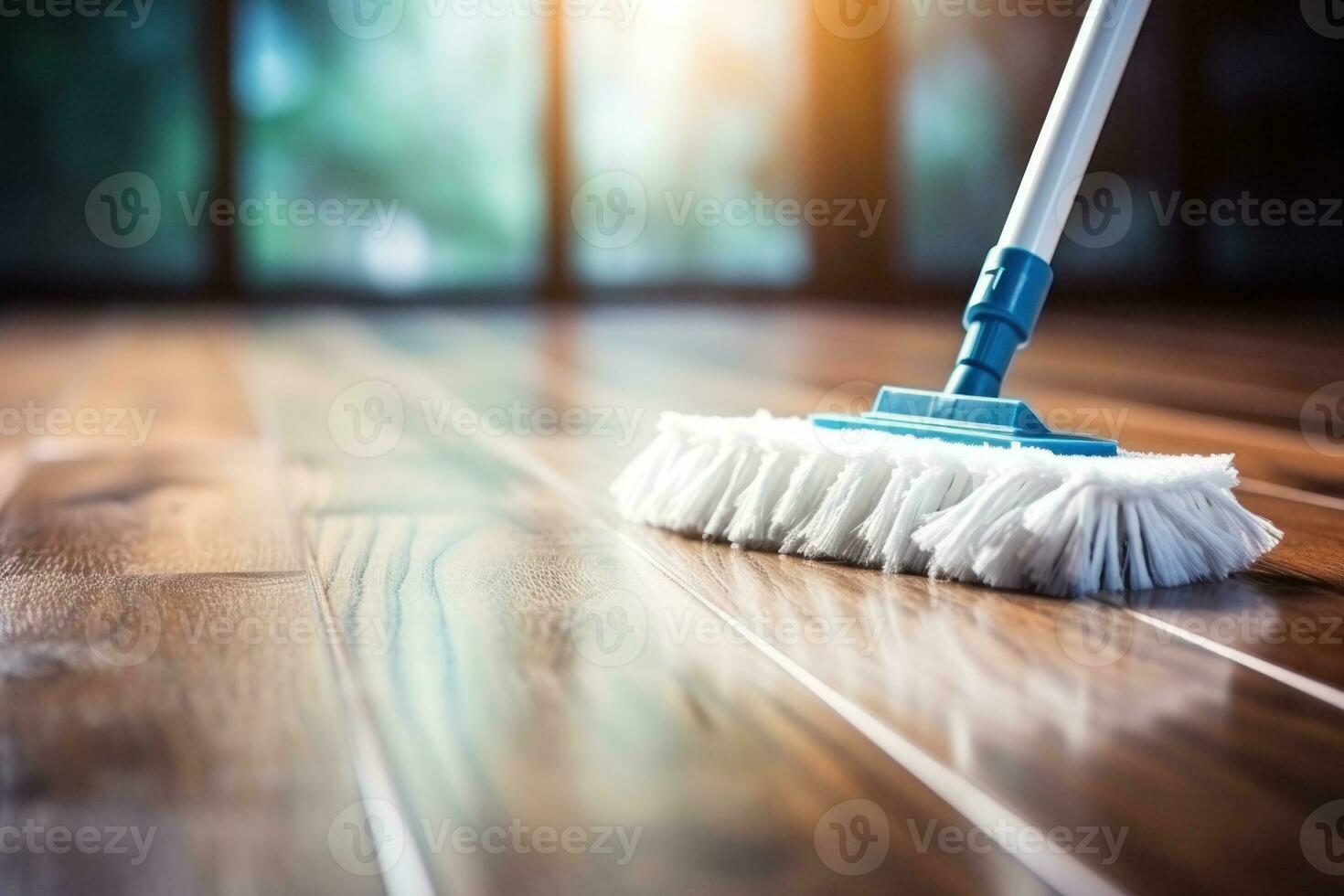 Fußboden Reinigung mit Mob und Reinigungsmittel Schaum. Reinigung Werkzeuge auf Parkett Boden. generativ ai foto