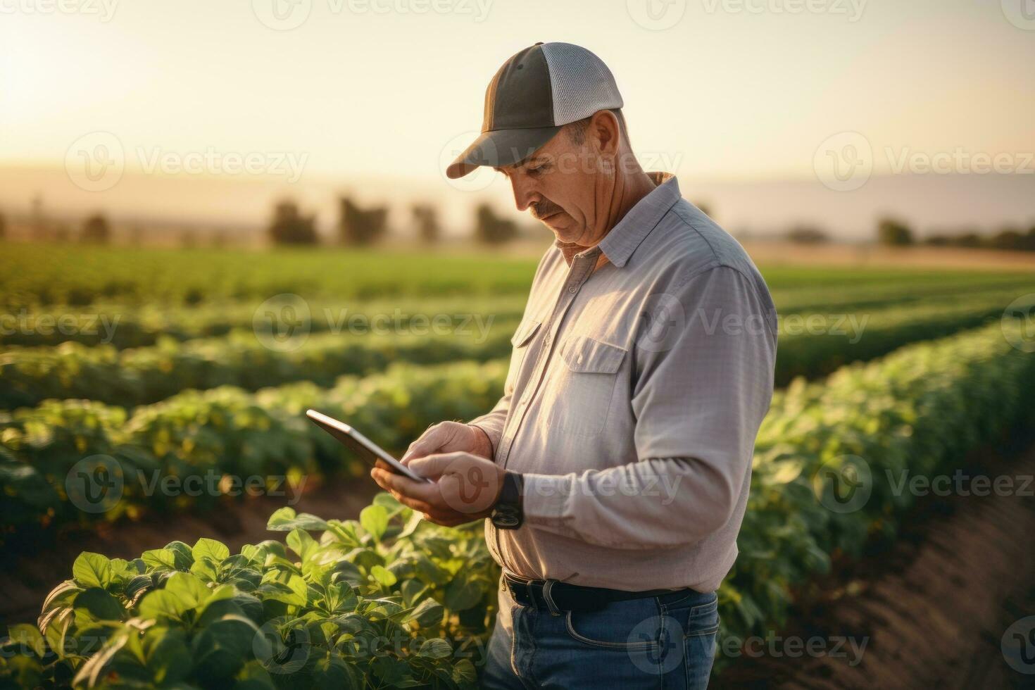 Nahansicht Porträt Agronom Prüfung Ernte Gesundheit mit ein Tablette im ein sonnendurchflutet Feld. generativ ai foto