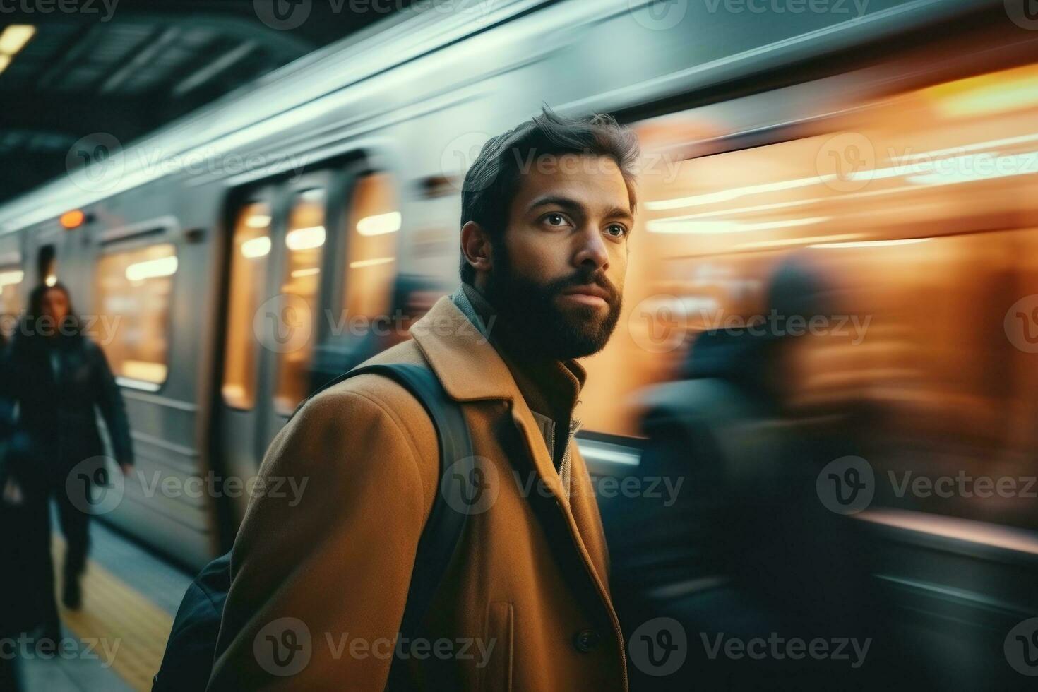 Mann Stand warten Zug im U-Bahn schnell ziehen um. generativ ai foto