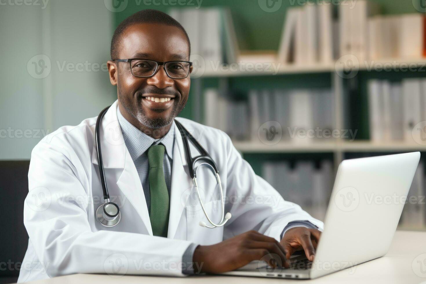 ein Mitte Alter Arzt Schreiben auf seine Laptop, suchen beim seine Laptop, Hintergrund verwischen. generativ ai foto