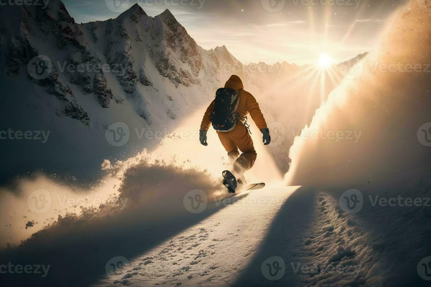 jung Mann Snowboarder Laufen Nieder das Steigung im alpin Berge. Winter Sport und Erholung. neural Netzwerk ai generiert foto