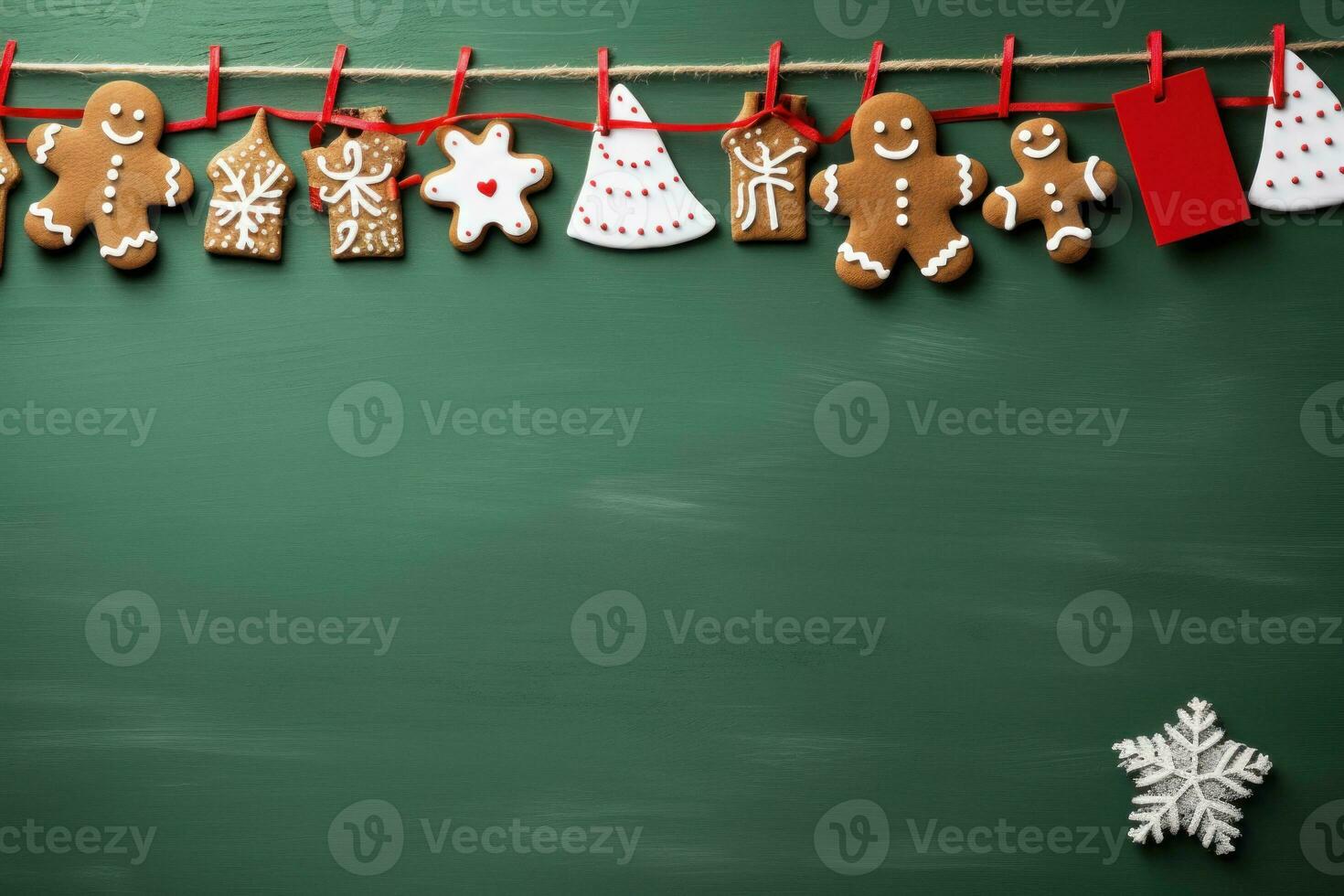 Weihnachten Banner mit etwas die Geschenke, Lebkuchen Mann Kekse auf Grün Hintergrund. generativ ai foto