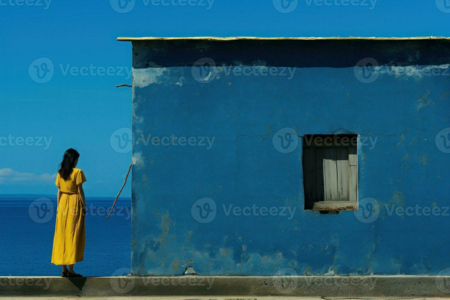 asiatisch Frauen minimalistisch Blau und Gelb generativ ai foto