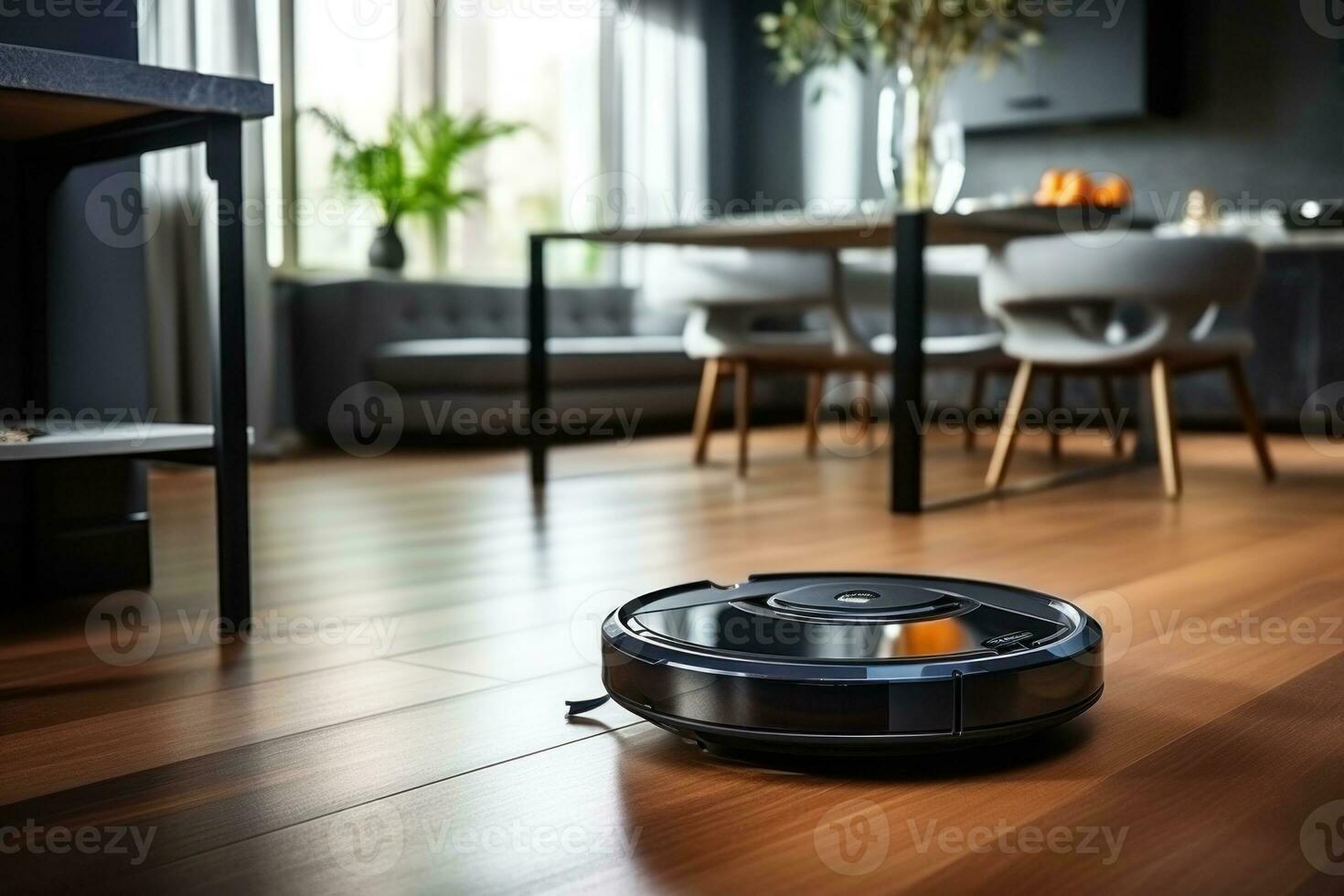 ein Roboter Vakuum Reiniger ist Reinigung das Leben Zimmer Boden. generativ ai foto