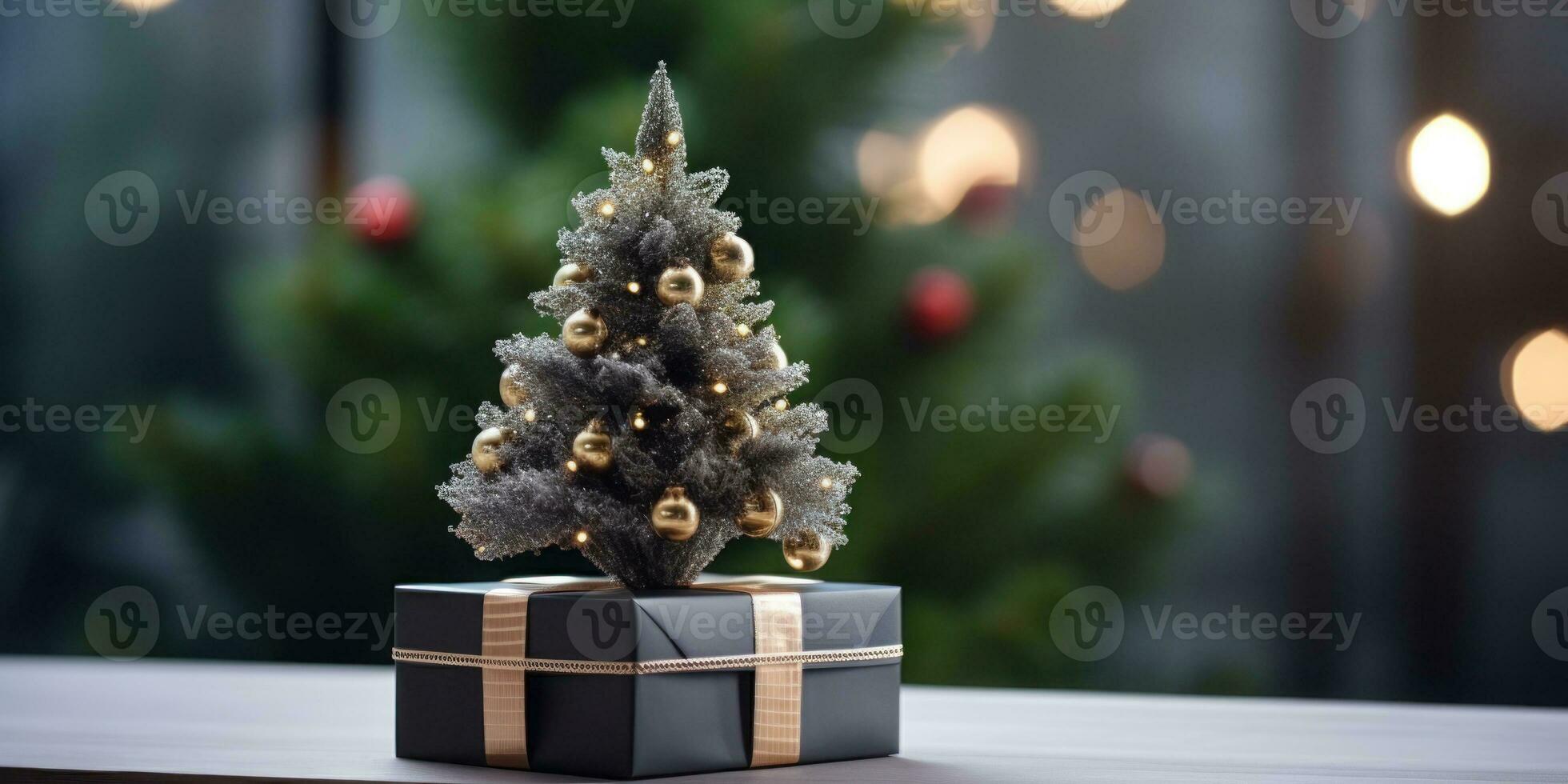 Geschenk Box mit Mini Weihnachten Baum schließen hoch, leeren Raum. generativ ai foto