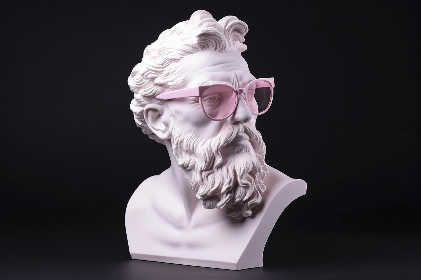 das Kopf von ein Weiß mythologisch Statue mit modisch Rosa Brille auf seine Augen, Rahmen im Profil. ai generativ foto