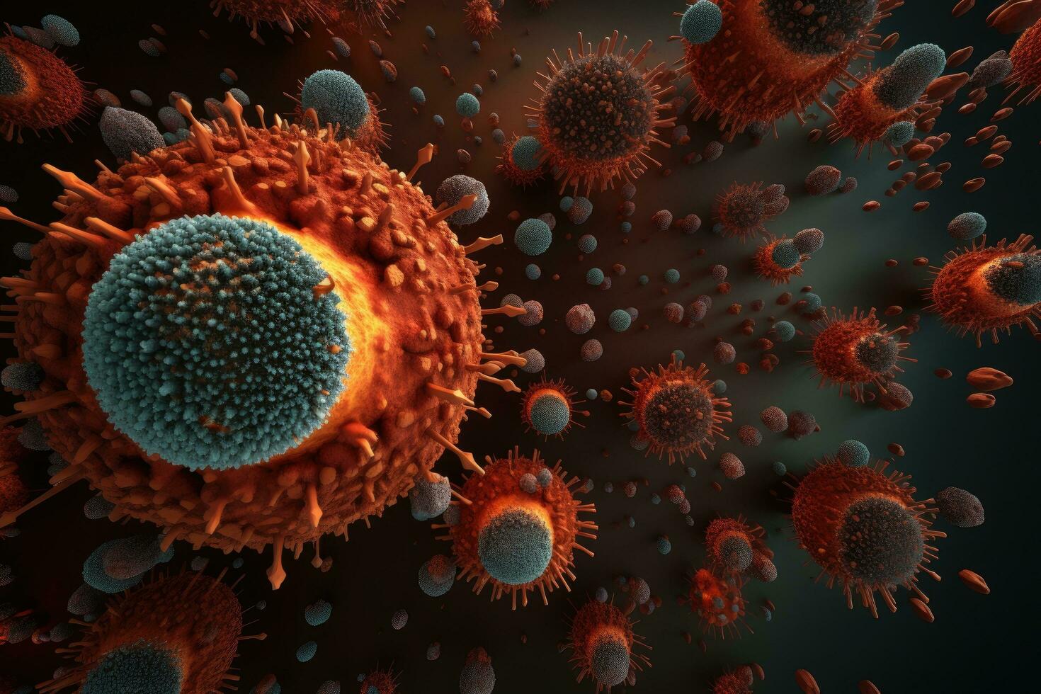 3d Illustration von Coronavirus Zellen Über dunkel Hintergrund mit Kopieren Raum, enthüllen das kompliziert Welt von Viren durch KI-generiert Bilder, ai generiert foto