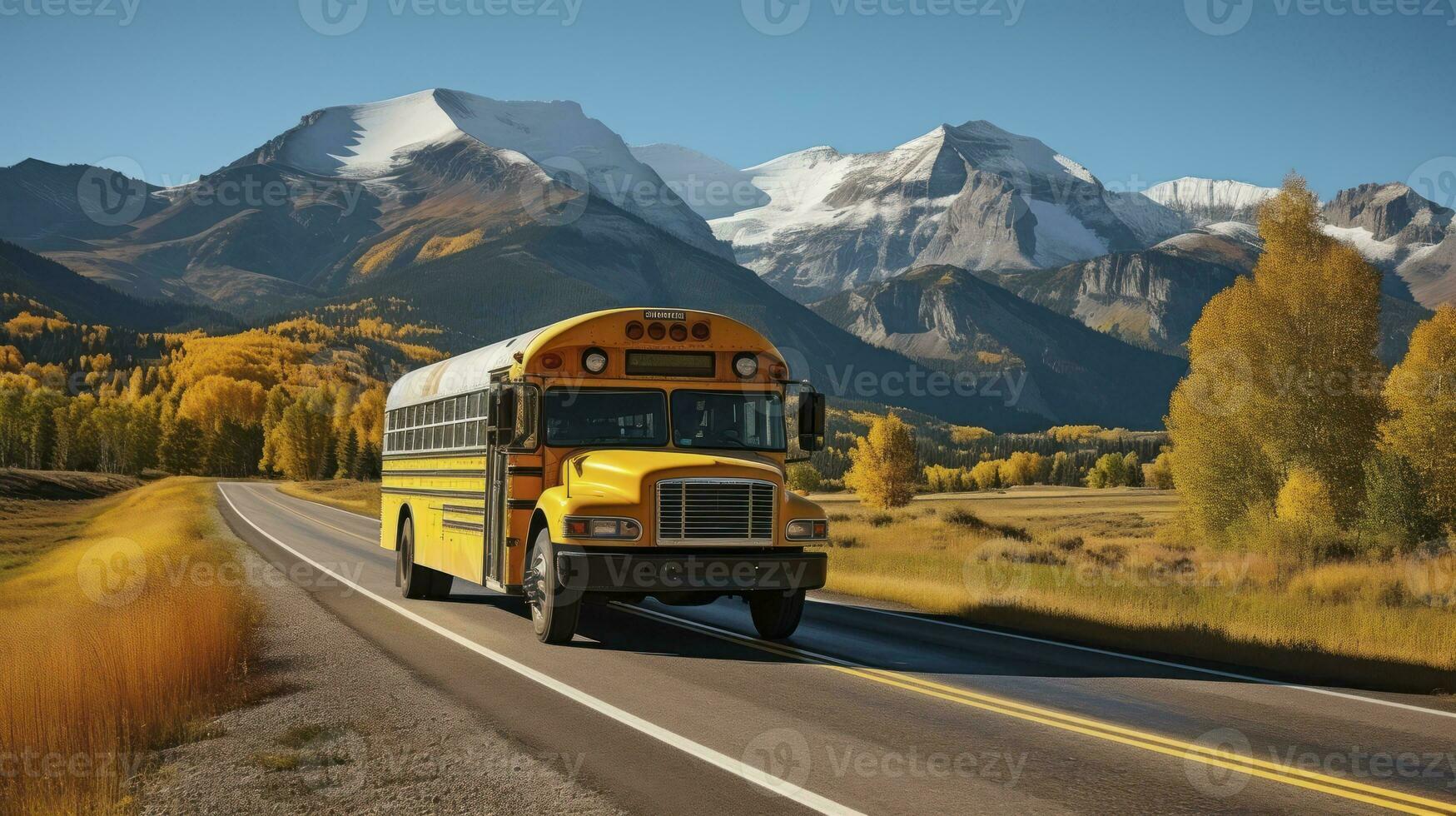 Schule Bus inmitten montieren sopris Pracht. generativ ai foto