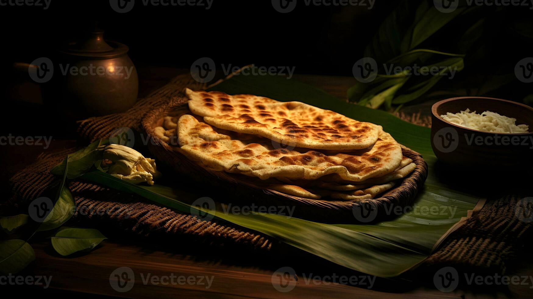 frisch gebacken indisch Essen namens Naan Brot auf ein gewebte Banane Blatt im ein rustikal indisch Küche mit ein erdig Farbe Thema ai generativ foto