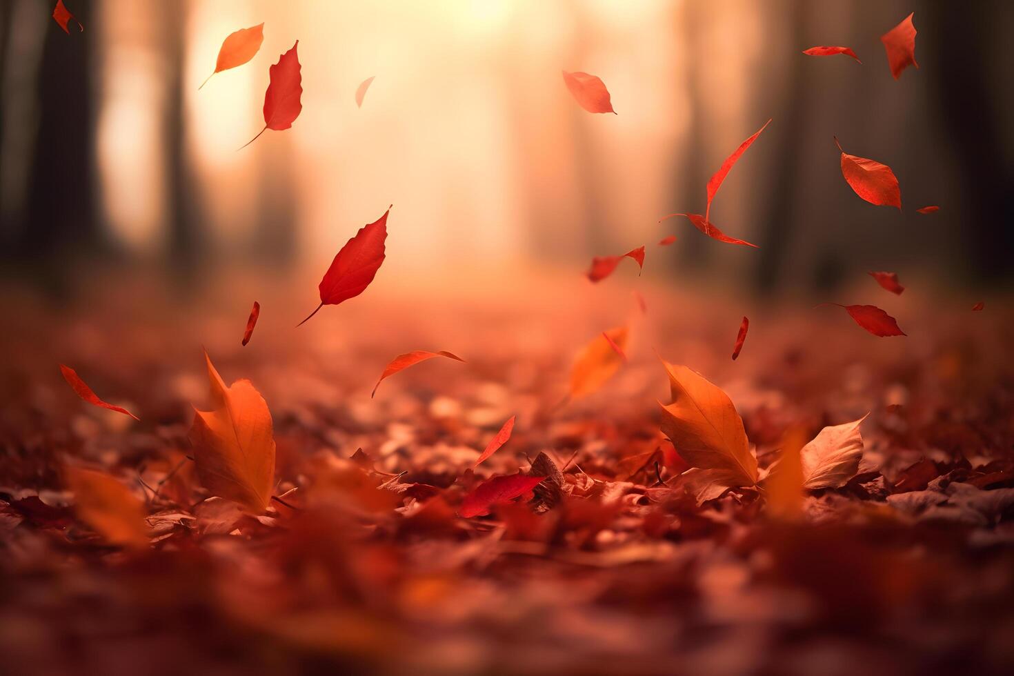 rot Blätter fallen im Wald, sonnenlichtgefiltert Herbst Hintergrund ai generativ Bild foto