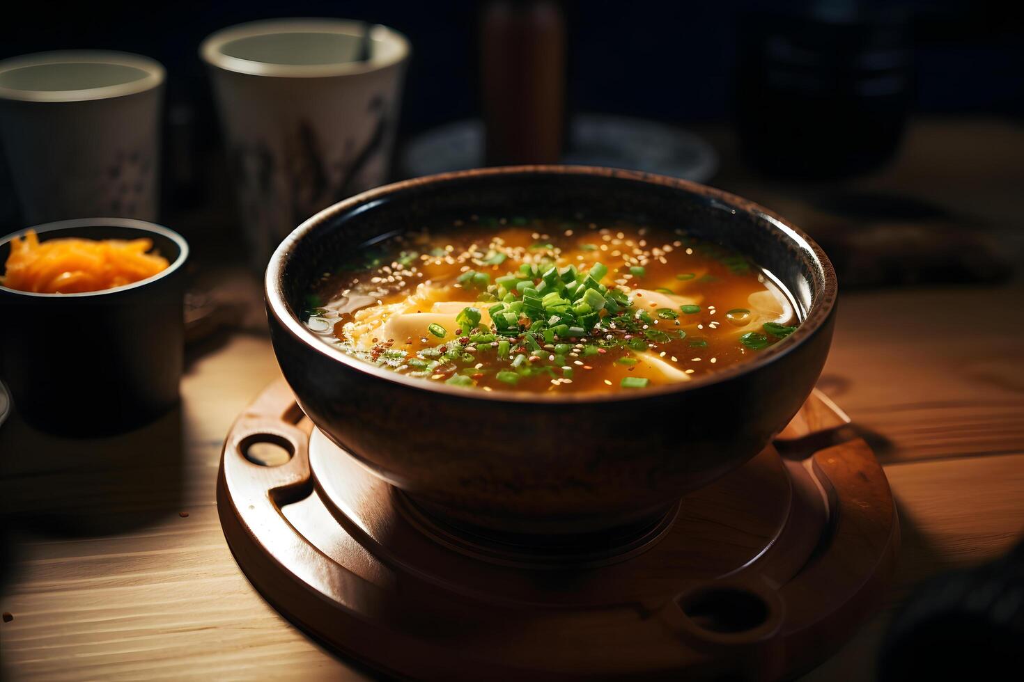 Miso Suppe im Keramik Schüssel im im Familienbesitz Sushi Restaurant ai generativ foto