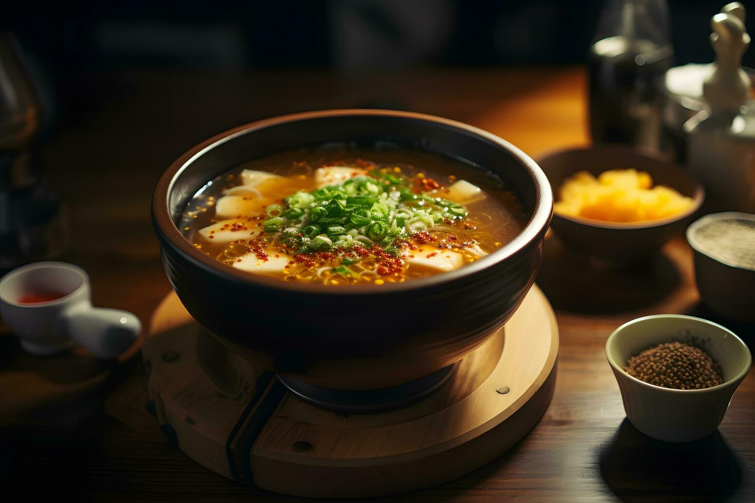 Miso Suppe im Keramik Schüssel im im Familienbesitz Sushi Restaurant ai generativ foto